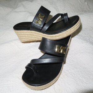 Michael Kors Sidney leather Espadrille Wedge Sandals Black Size US 8 M
